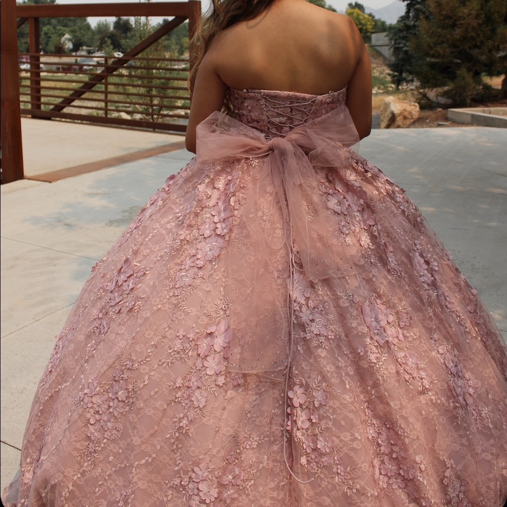 Quinceanera dress! Rose pink, flowers, open lace back, heart cut out, cute bow!